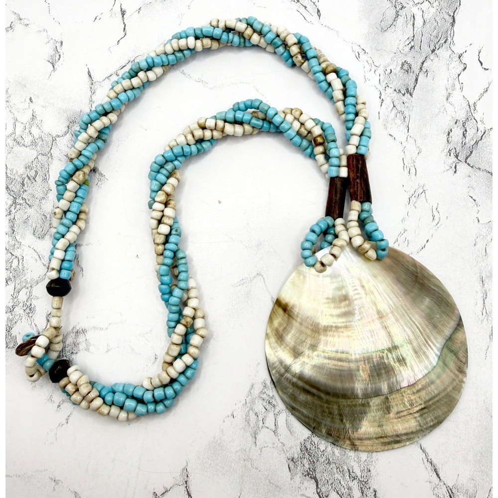 Turquoise Cream Beaded Necklace Shell Pendant Multi Strand Boho